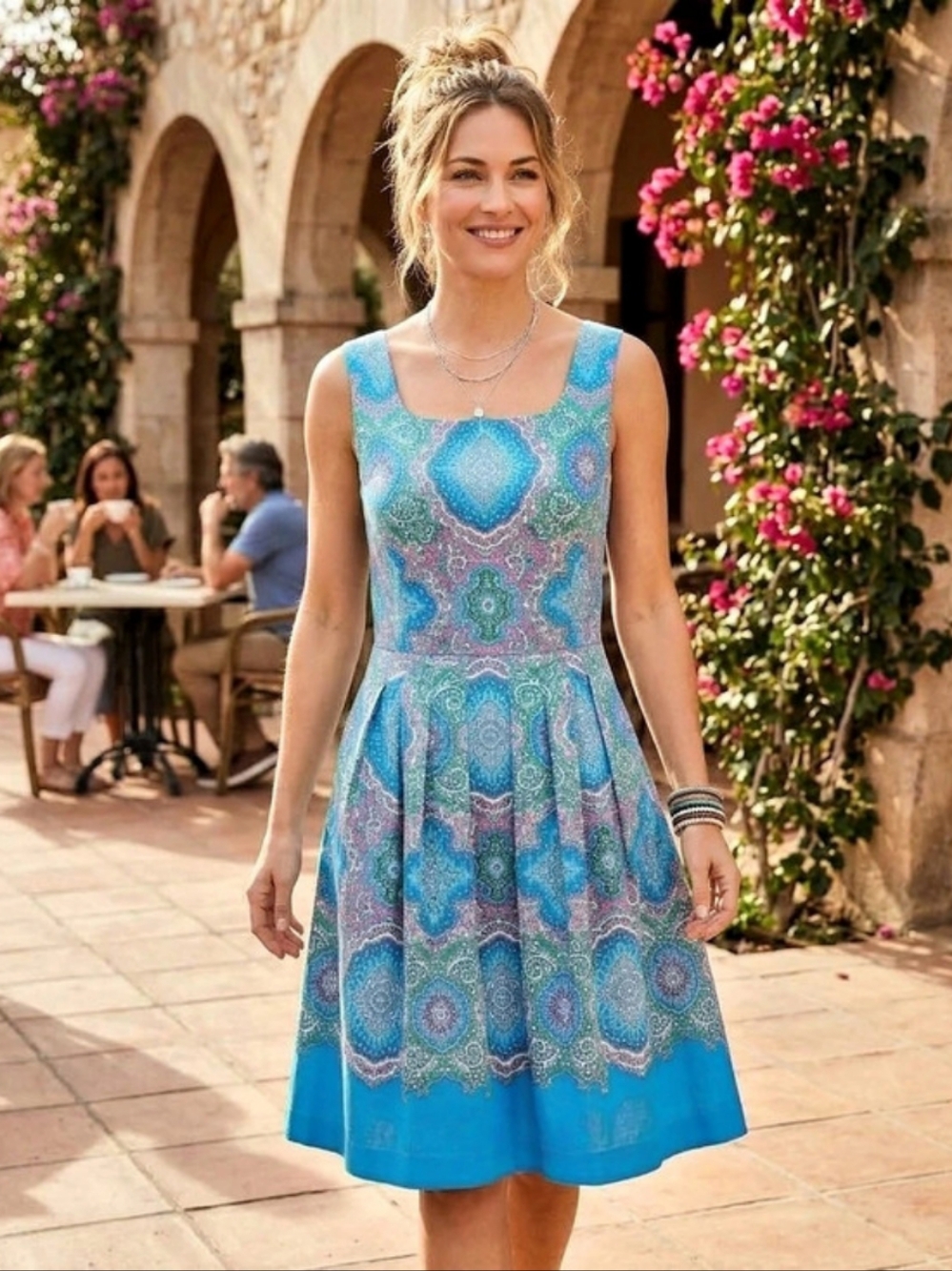 Talbots Blue Paisley Medallion Pleated Fit & Flare Dress